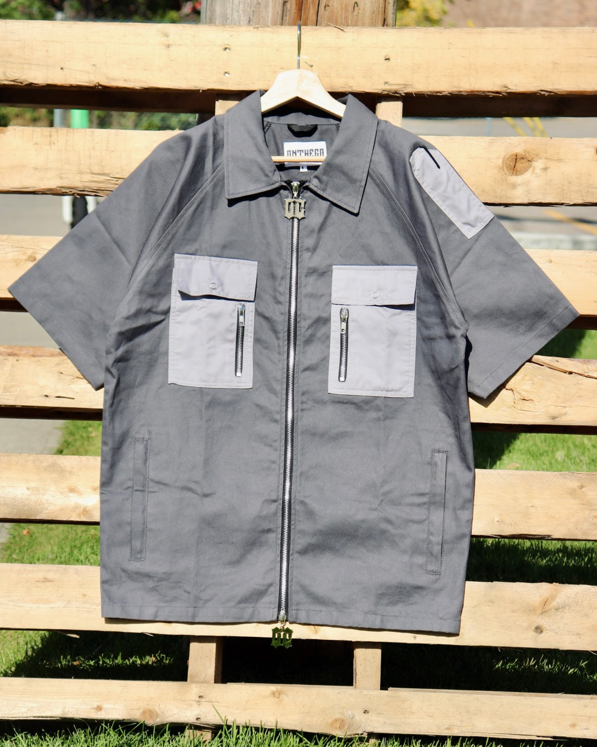 Short Sleeve Lightweight Denim Double Zipper Shirt in Silver Grey (Pre-order)