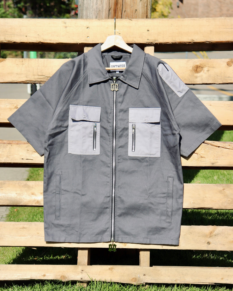 Short Sleeves Lightweight Denim Double Zipper Shirt in Silver Grey (Pre-order)