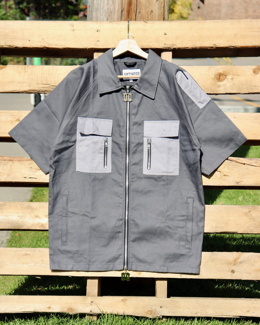 Short Sleeves Lightweight Denim Double Zipper Shirt in Silver Grey (Pre-order)