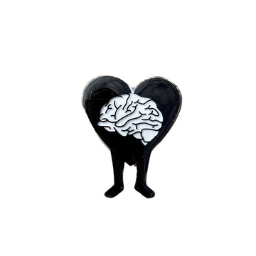 Black heart-shaped clip with a white brain design on a white background