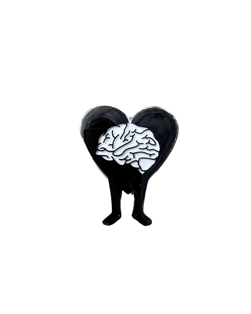 Black heart-shaped clip with a white brain design on a white background